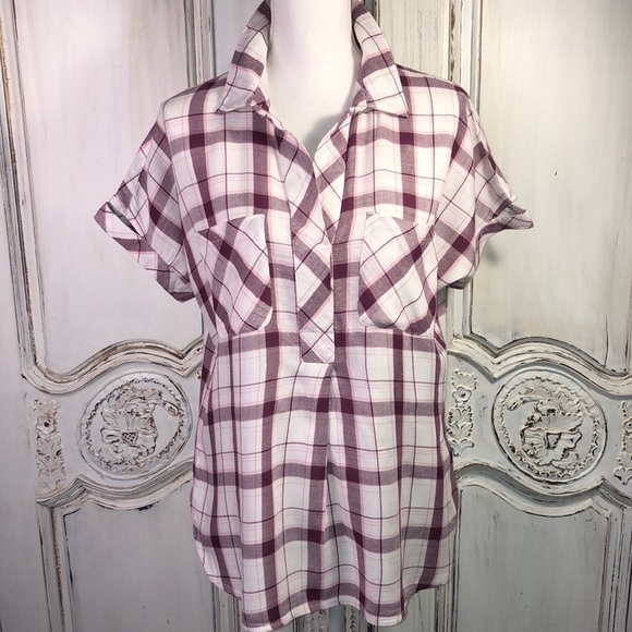 William Rast Short Dolman Sleeve Collar Pop Over Cotton Blend Plaid Top Size M - Picture 1 of 12